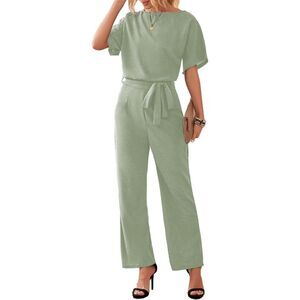 Women’s Casual Short Sleeve Belted Loose Long Wide Leg Pant Jumpsuits Size 2XL